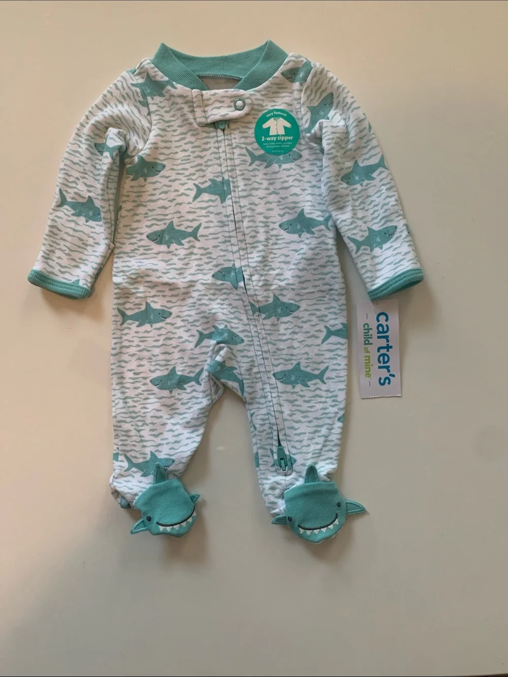 NWT Carter's Aqua and White Shark Zip-Up Footed One-Piece Size Preemie